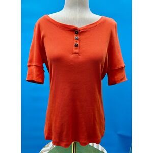 Lauren Ralph Lauren Womens Orange Ribbed Cotton Henley S/S Top Large Preppy